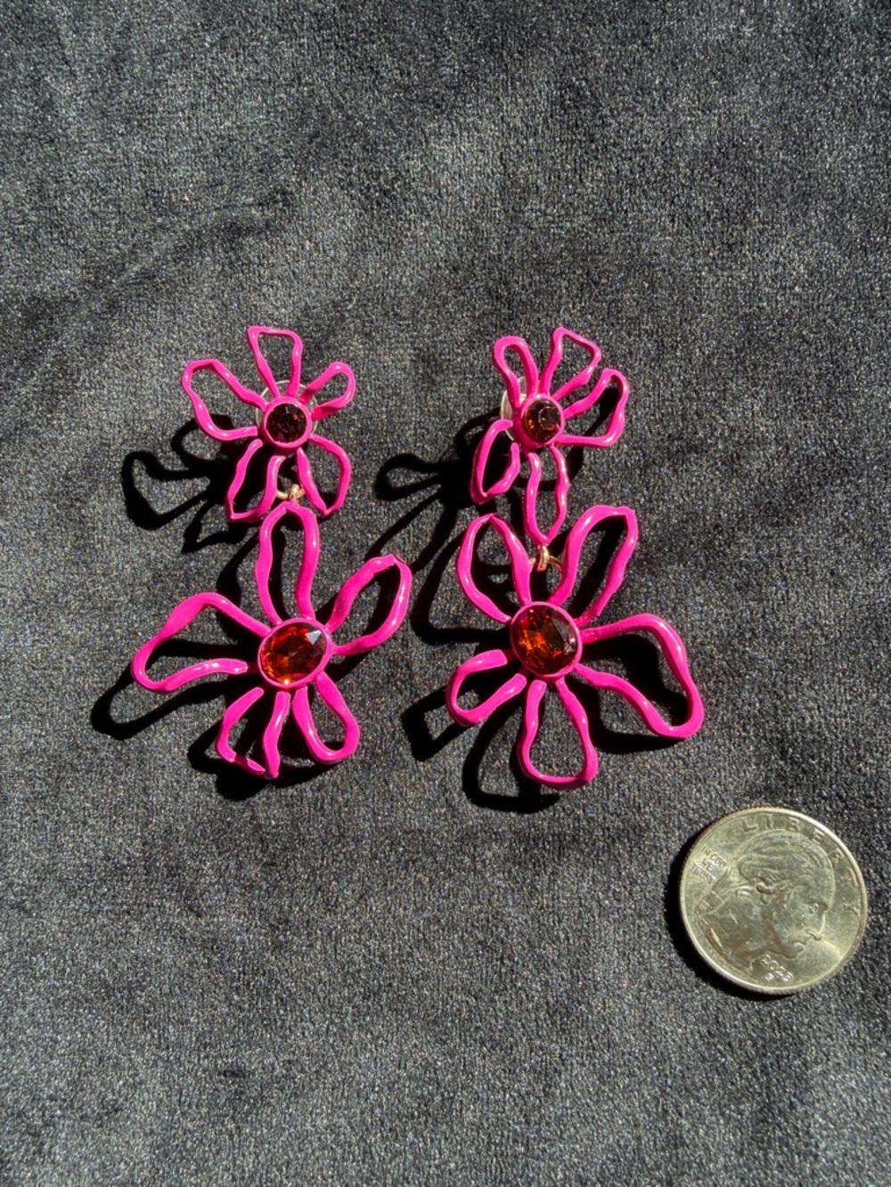 Mignonne Gavigan Hot Pink Double Flower Drop Earrings with Amber Centers